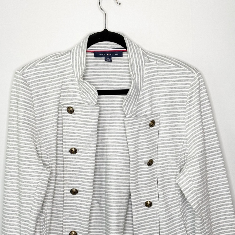 Tommy Hilfiger Womens XL Gray White Striped Military Band Jacket Crest Buttons - Picture 3 of 9